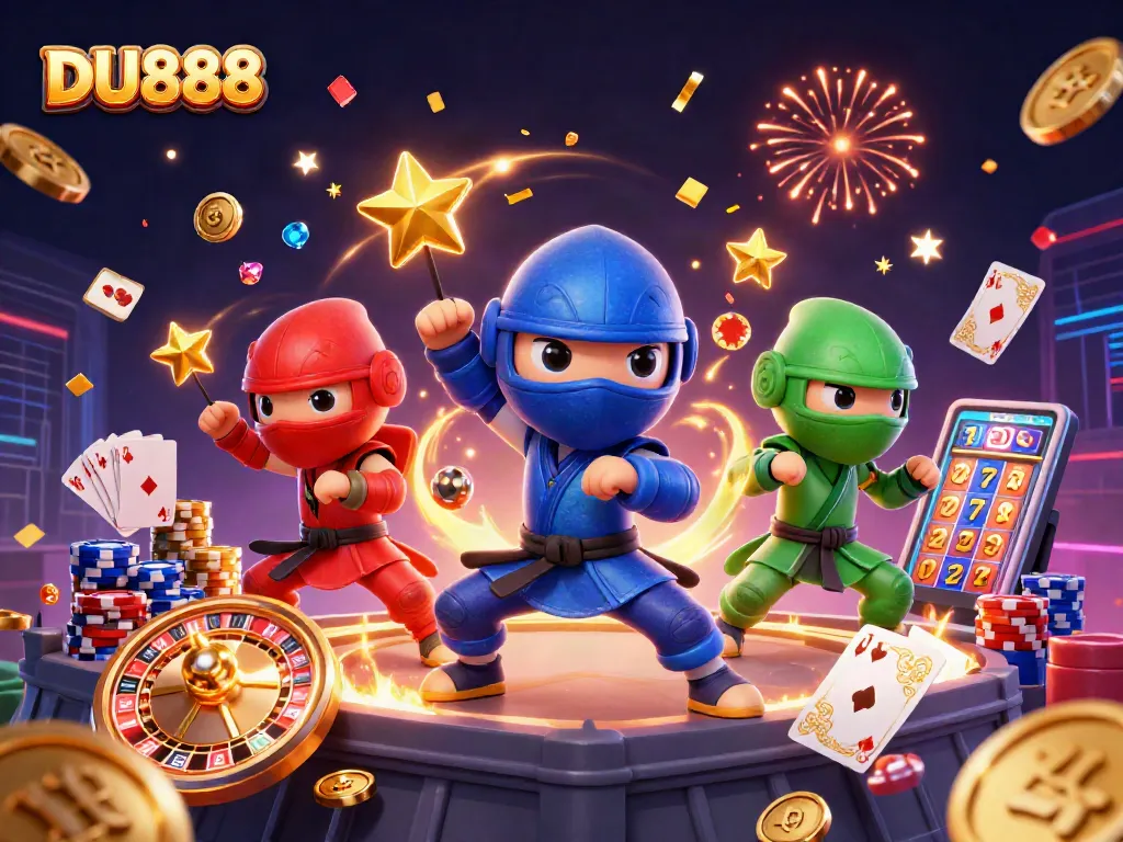 Engage with DU888's thrilling action as 3D ninja chameleons unleash a slot frenzy amidst golden coins and roulette spins.