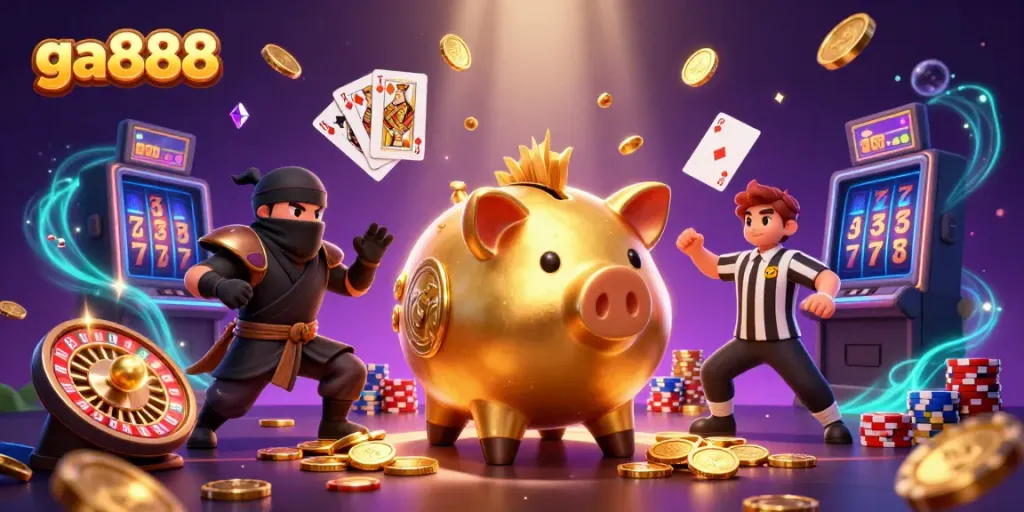 Experience thrilling ga888 gaming with a dynamic sumo wrestler and ninja in a vibrant casino scene.