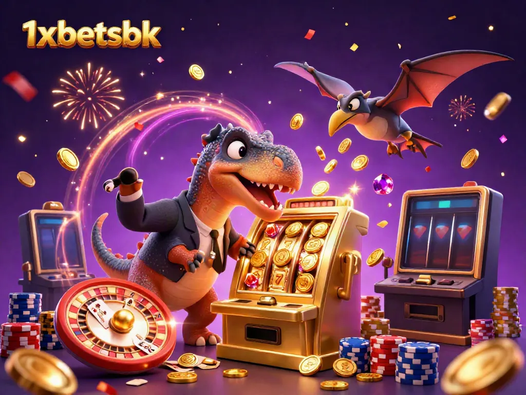 1xbetsbk features a 3D cartoon pachycephalosaurus winning coins from a slot machine with vibrant casino elements.