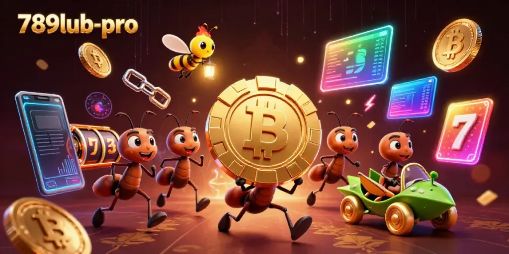 Join the heist with 789lub-pro as ants carry a giant poker chip through a vibrant casino tunnel.