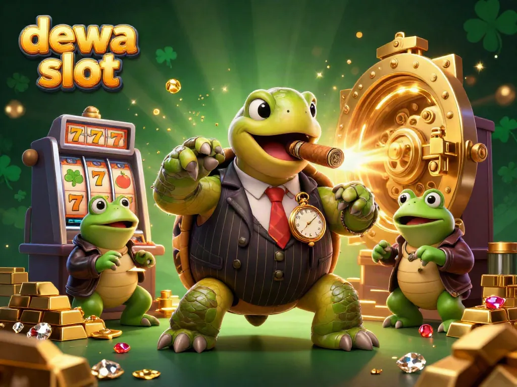 Experience vibrant gaming with dewa slot featuring a sophisticated turtle and lively frogs in a casino setting.