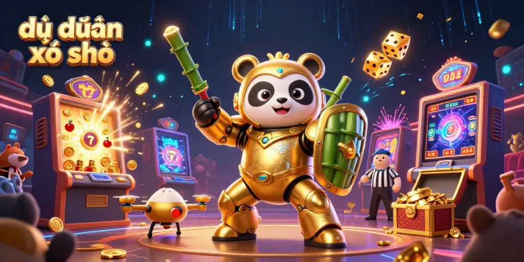 Experience dự đoán xổ số excitement with explosive casino action featuring a dynamic mech-suit panda.