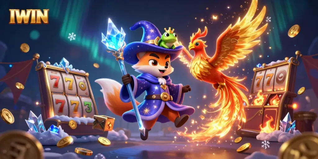 Experience IWIN's vibrant casino realm with a mystical wizard fox and phoenix amidst dynamic gaming elements.
