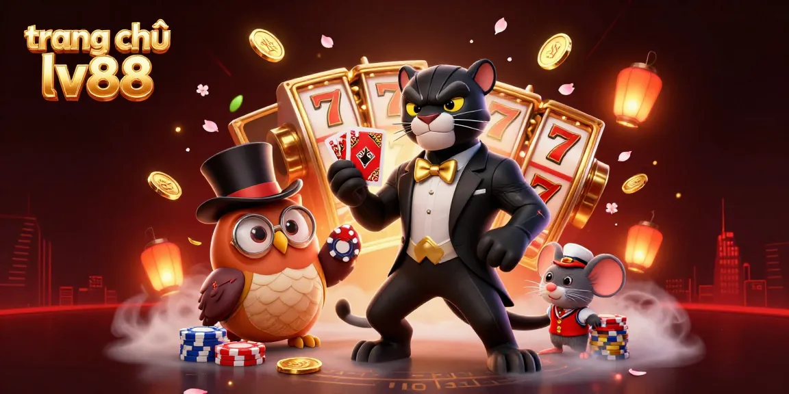 Experience the thrill of gaming at trang chủ lv88 with a stylish panther, owl, and lucky mouse in a vibrant casino scene.
