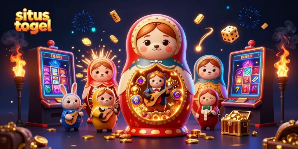 Experience situs togel with lively 3D characters playing, coins exploding from a jackpot.