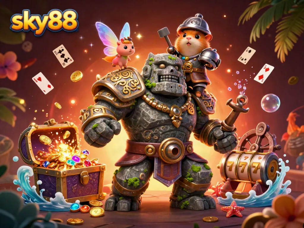 Exciting gameplay at sky88 with ancient golem, fairy, and knight amidst a treasure-filled casino.
