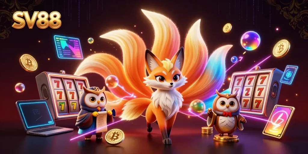 Experience the thrill of SV88 with a vibrant 3D illustration showcasing slot games, crypto coins, and more.