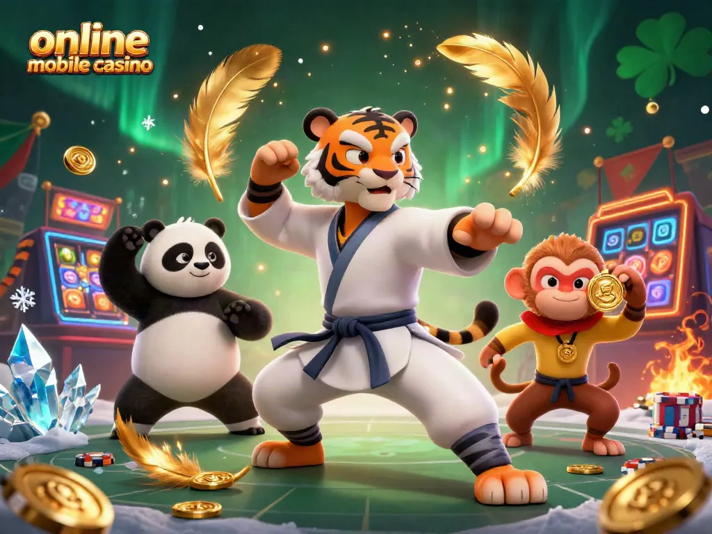 Engage in thrilling gameplay with characters representing an online mobile casino atmosphere.
