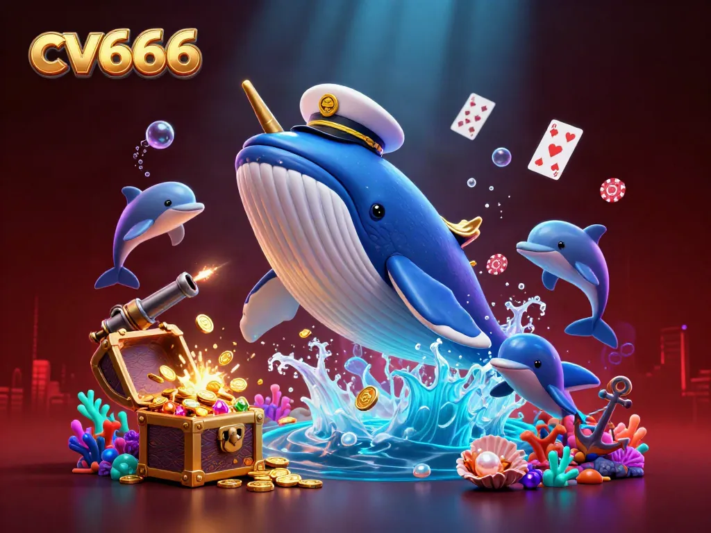 Experience the exciting cv666 gaming world with a whimsical scene of a whale and dolphins amidst gold coins and poker chips.