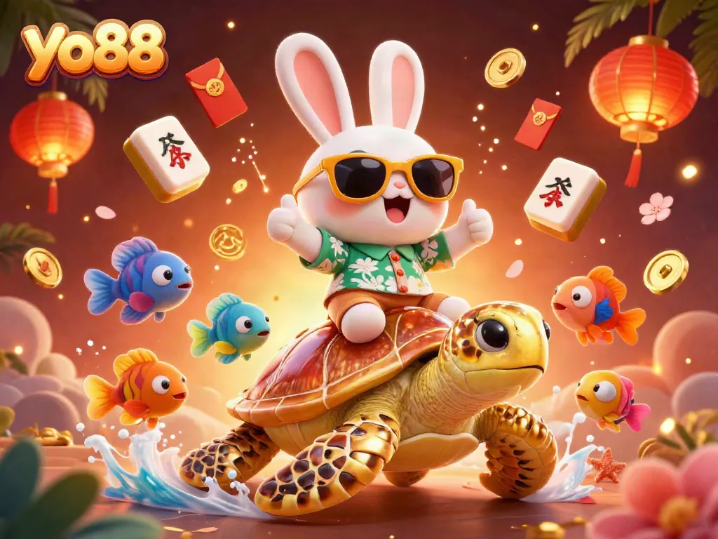 Play engaging games at yo88 with an entertaining rabbit on a sea turtle amidst joyful casino elements.