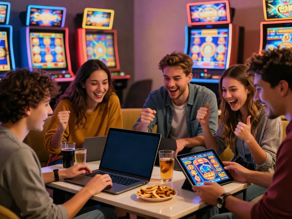 Friends enjoying slot gacor hari ini together while discussing online gameplay in a cozy setting.