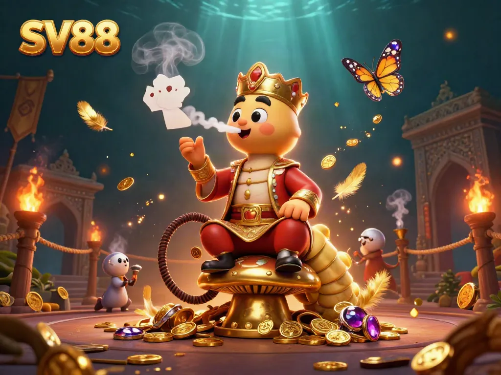 Experience SV88's vibrant online casino with playful characters, golden elements, and gaming excitement.