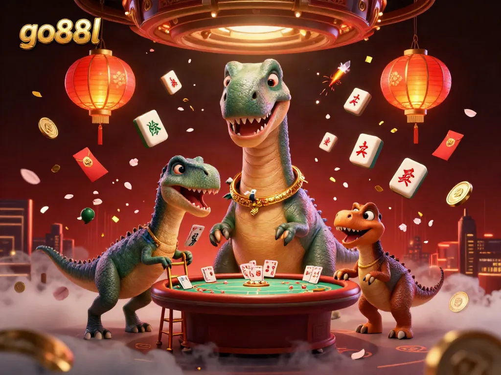 Experience winnings at go88l with a vibrant 3D casino scene showcasing a tall brontosaurus dealing cards.