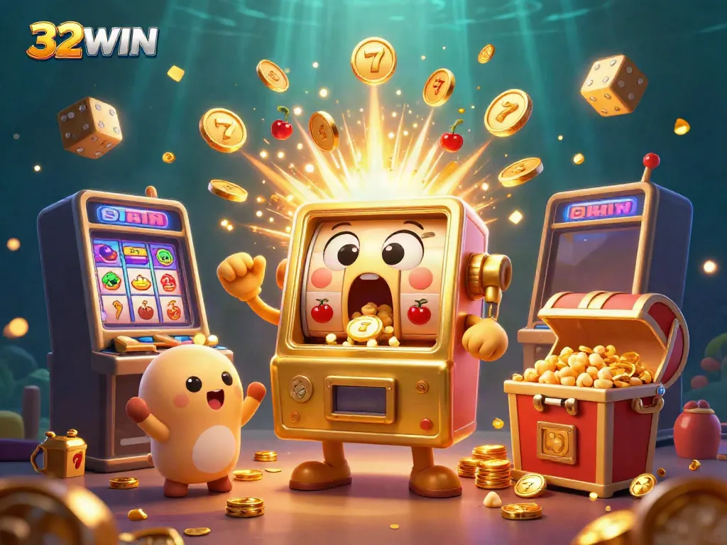 32WIN showcases a thrilling jackpot moment with a golden slot machine spitting coins, surrounded by fun elements and colorful casino symbols.