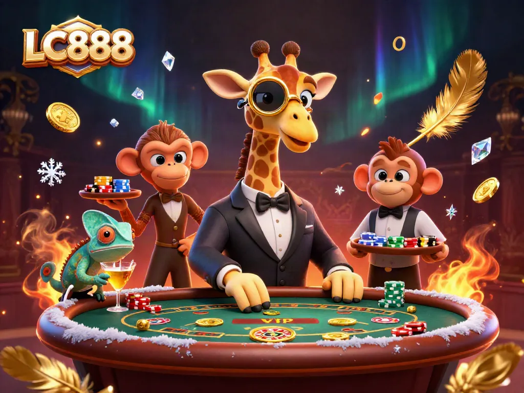 Experience thrilling gameplay with LC888 at a vibrant casino scene featuring a high-roller giraffe.