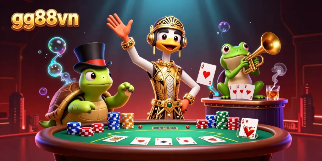 Engage with thrilling games at gg88vn with colorful poker chips and charismatic characters.