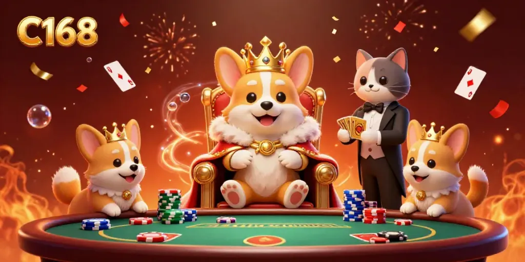 C168 and friends celebrate at a vibrant casino with confetti and poker elements
