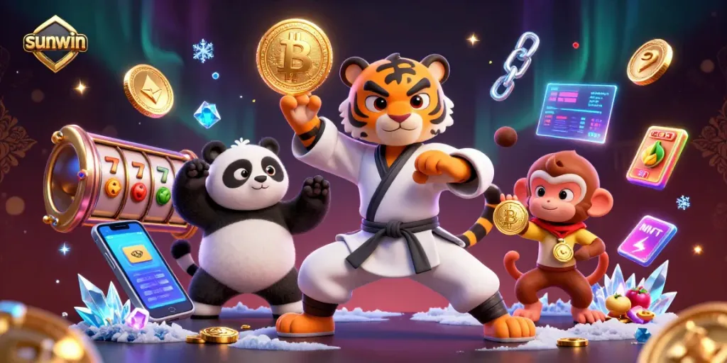 Experience sunwin excitement with cartoon characters in a vibrant casino-themed scene featuring slot games and crypto elements.