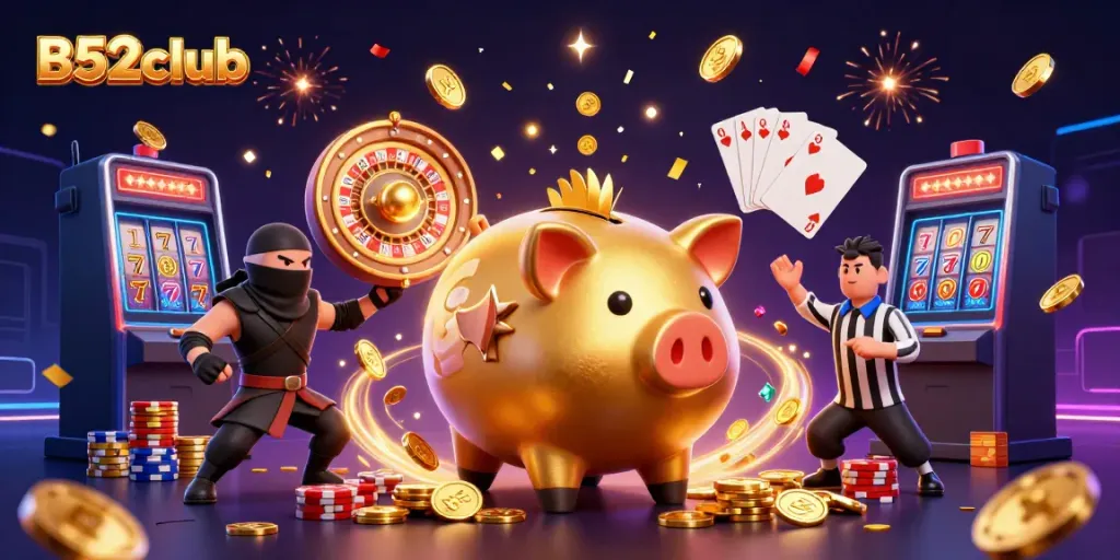 Engage with B52club through a festive casino-themed illustration featuring golden coins and iconic gaming elements.