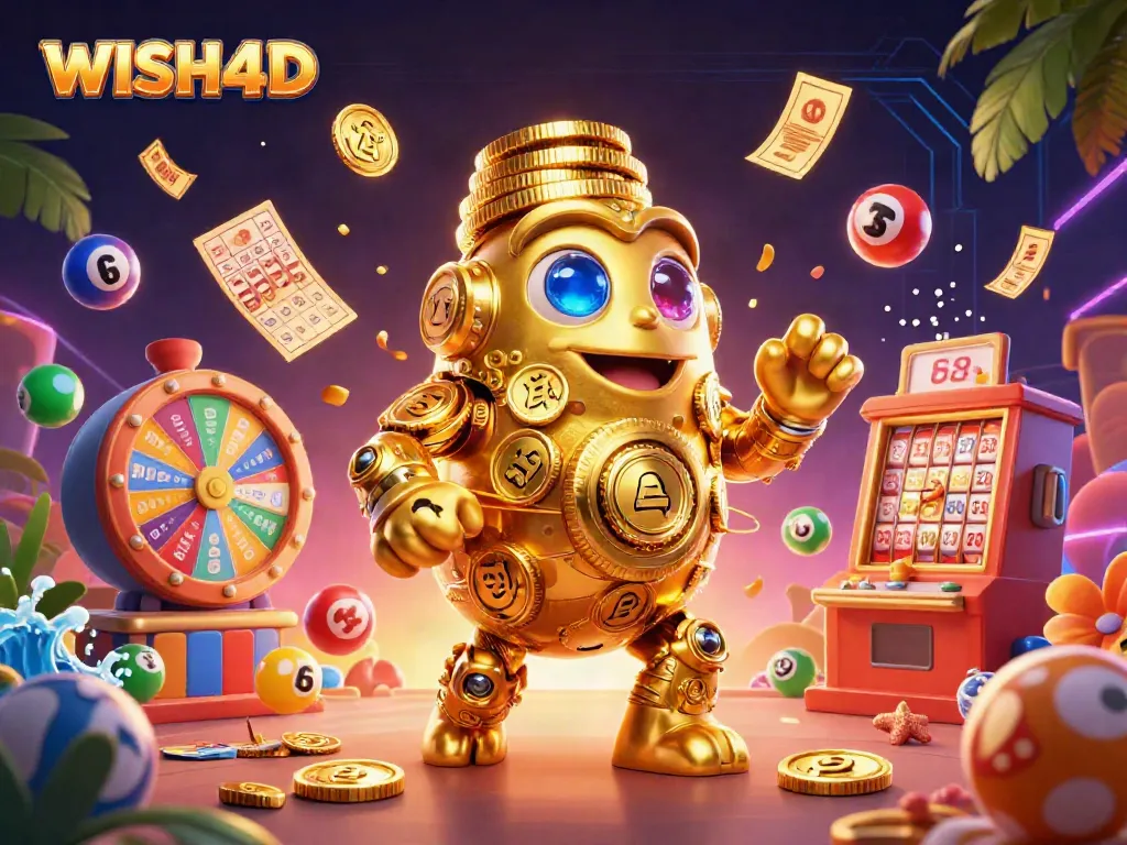 Engage with WISH4D's thrilling gaming experience with a vibrant 3D casino illustration full of action.