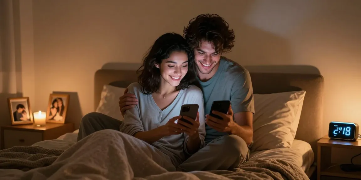 Couple engaging in ai sexting in a cozy bedroom, sharing playful moments, and enhancing romance.