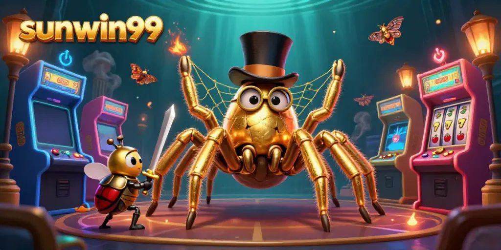 Win big at sunwin99 with a magical scene of a giant golden tarantula amidst vibrant casino elements.