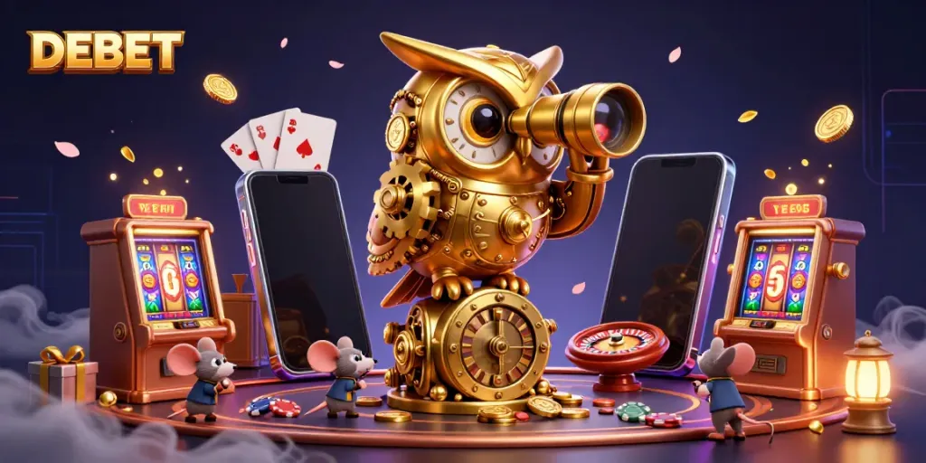 Experience DEBET’s vibrant casino world with an enchanted owl and lively patrons amidst colorful slot games and dazzling lights.