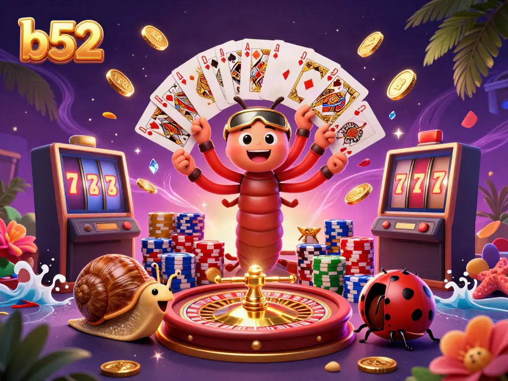 Experience the excitement at b52 with vibrant casino games and animated characters in a rich 3D scene.