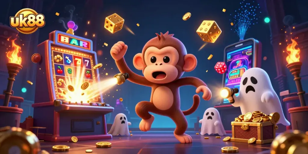Engage with the thrilling world of uk88, where a mischievous monkey juggles casino treasures in a vibrant online gaming scene.