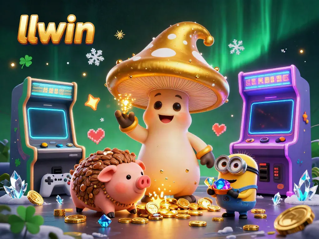 Experience the magic of llwin with a vibrant 3D illustration, featuring a golden mushroom wizard and game elements in a casino adventure.