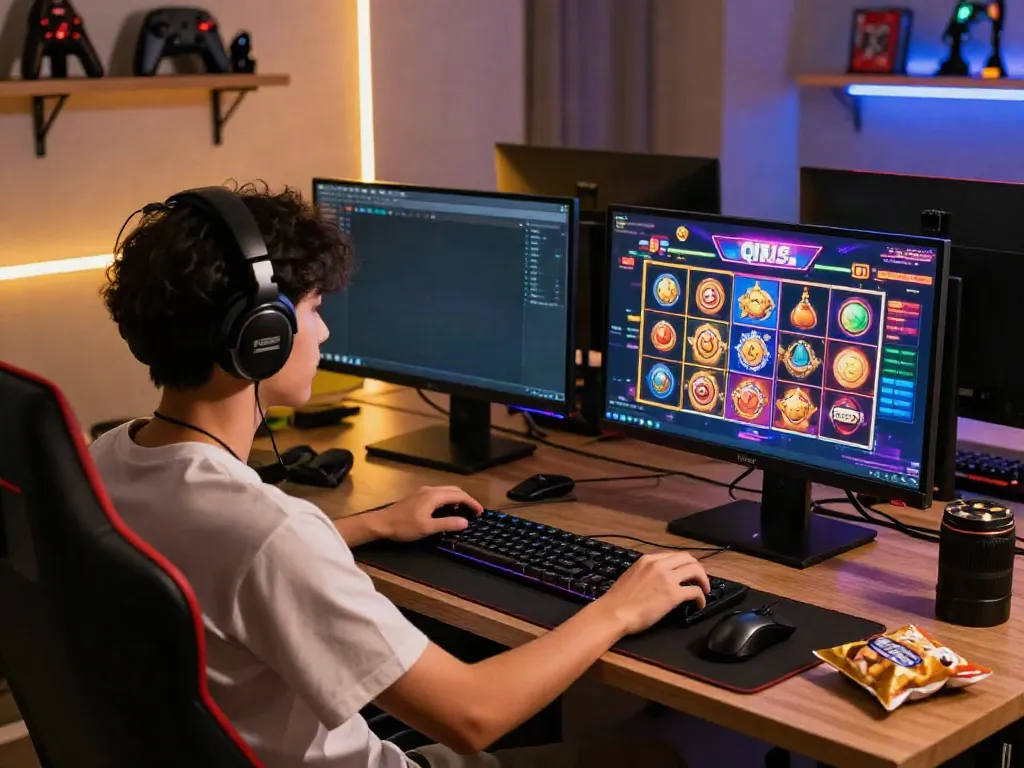 Engaged player exploring slot qris games on dual monitors in a vibrant gaming setup.