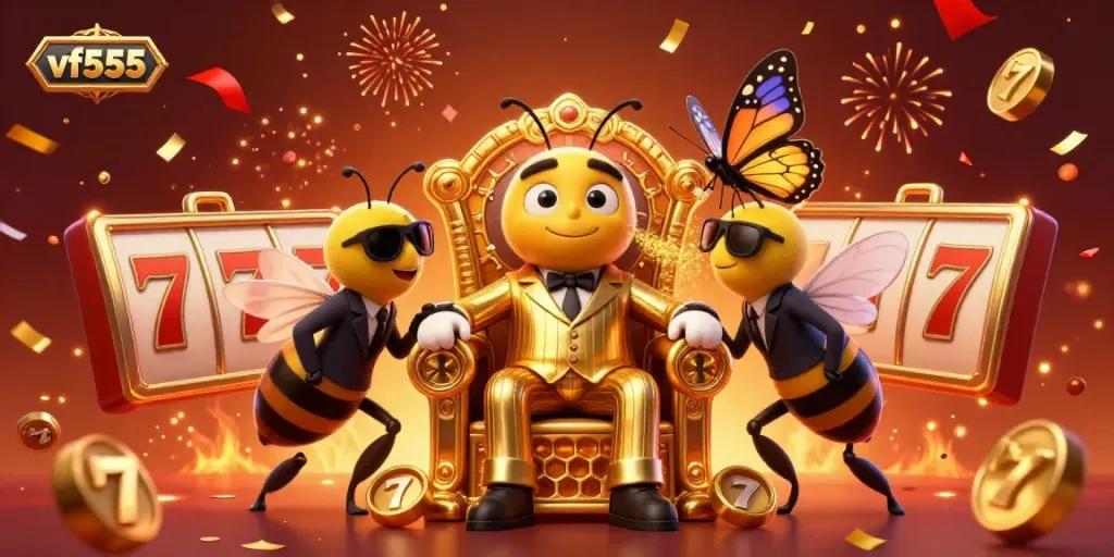 Experience the vibrant world of vf555 slots with a buzzing bumblebee boss in a lavish throne room.