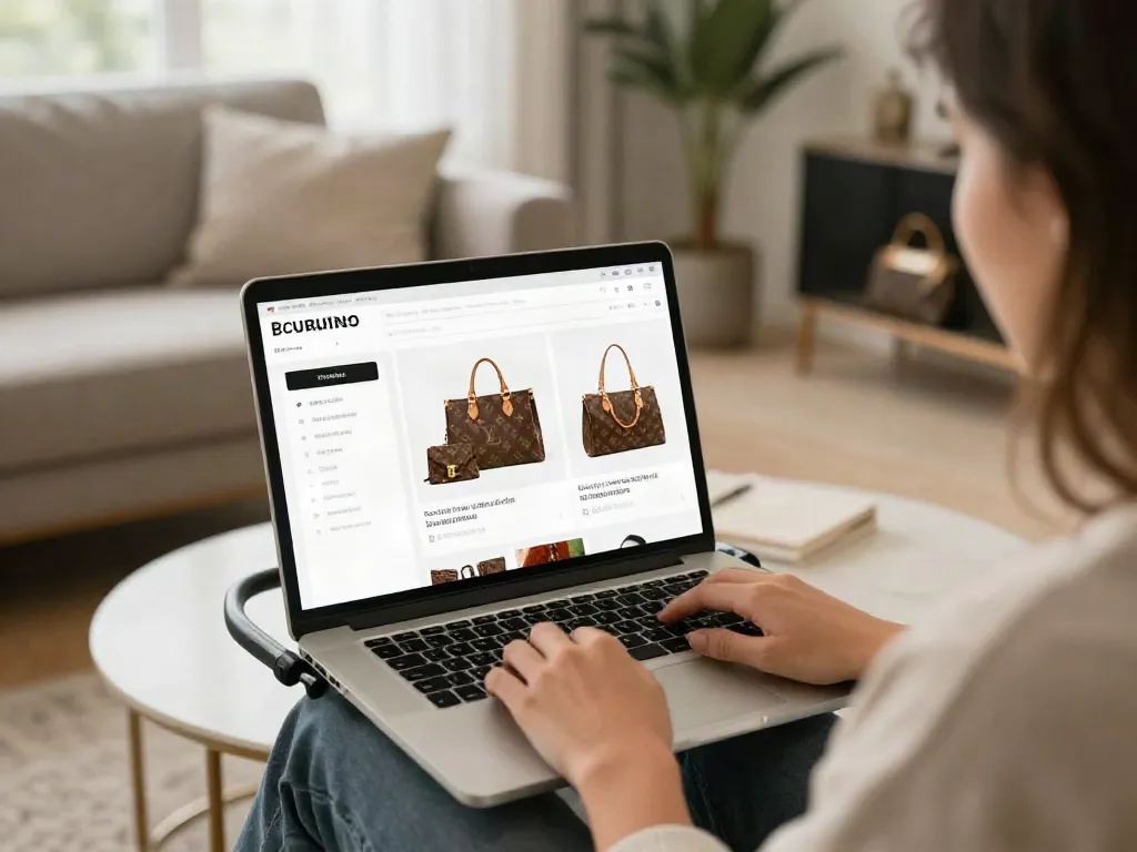 Online shopping at a replica shop showcasing luxury bags in a cozy setting