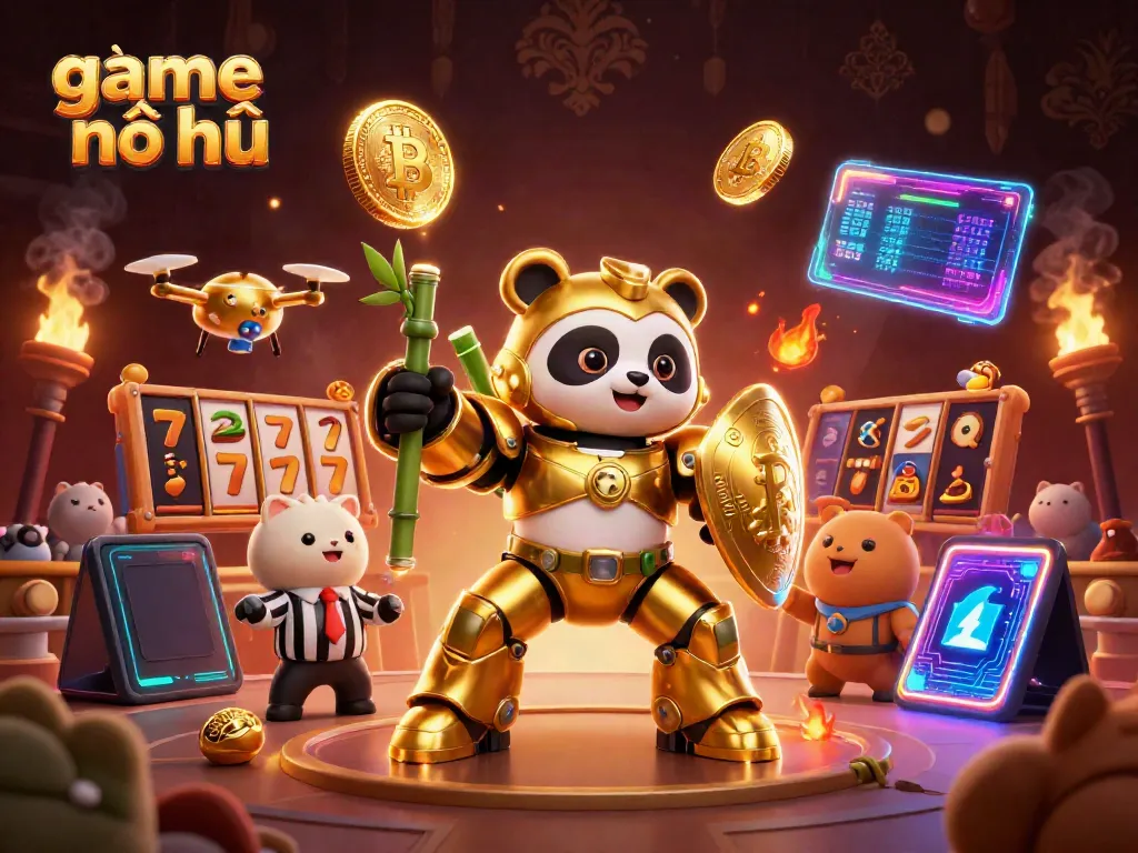 Experience the dynamic action of game nổ hũ with gold panda piloting a robot in a vibrant casino scene.