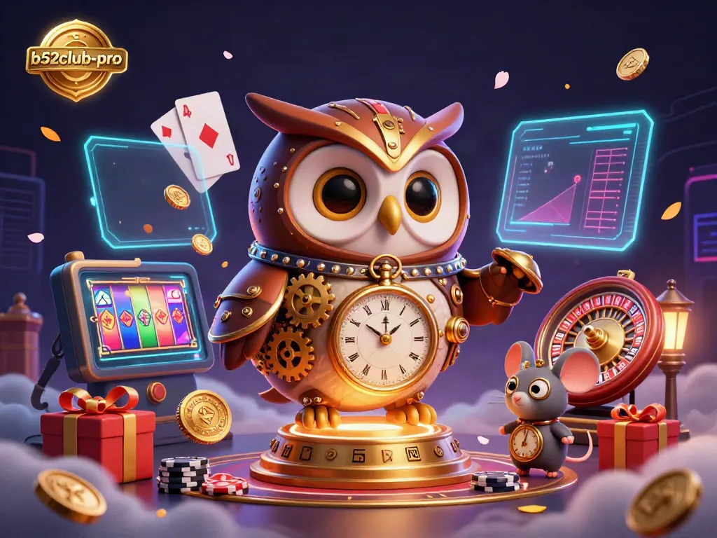 Experience the b52club-pro with a vibrant, animated casino scene featuring steampunk elements and mobile gaming.