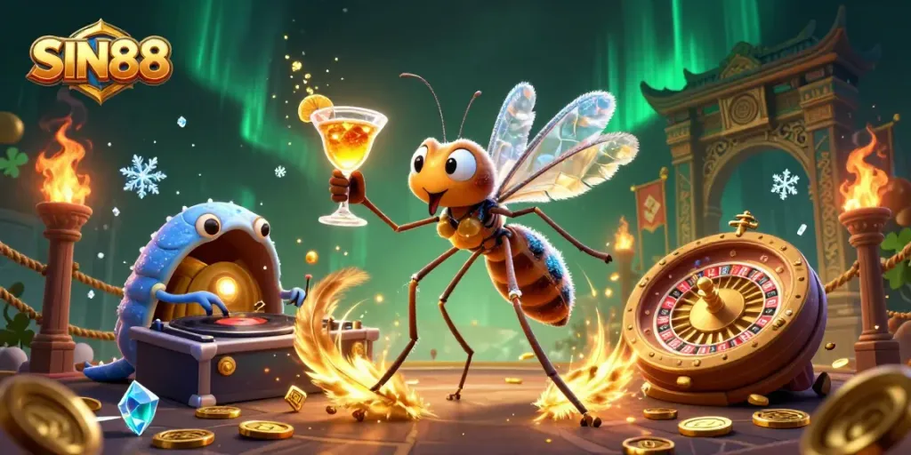SIN88 brings excitement alive with a frozen mosquito mascot holding a cocktail, dynamic DJ, and roulette wheel.