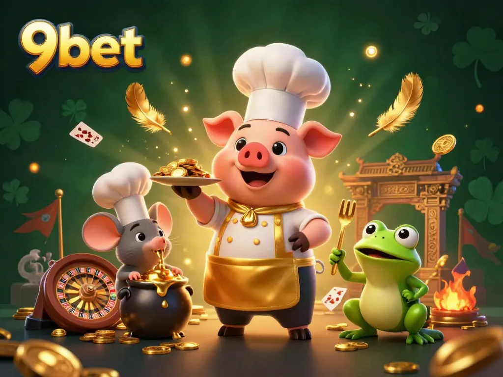 Experience the vibrant world of 9bet with a gourmet display of golden coins and engaging casino elements.
