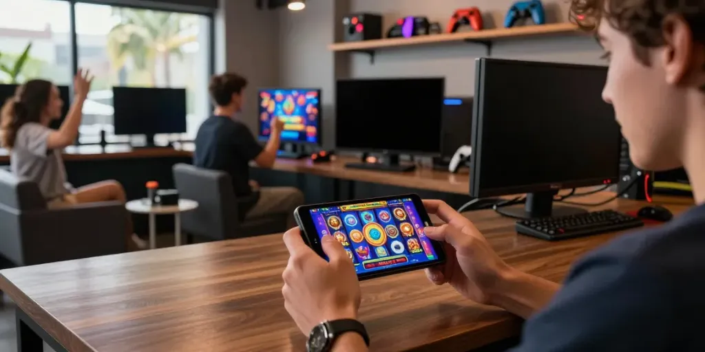 Situs gacor gaming scene showcasing a player interacting with colorful slot games in a vibrant lounge atmosphere.