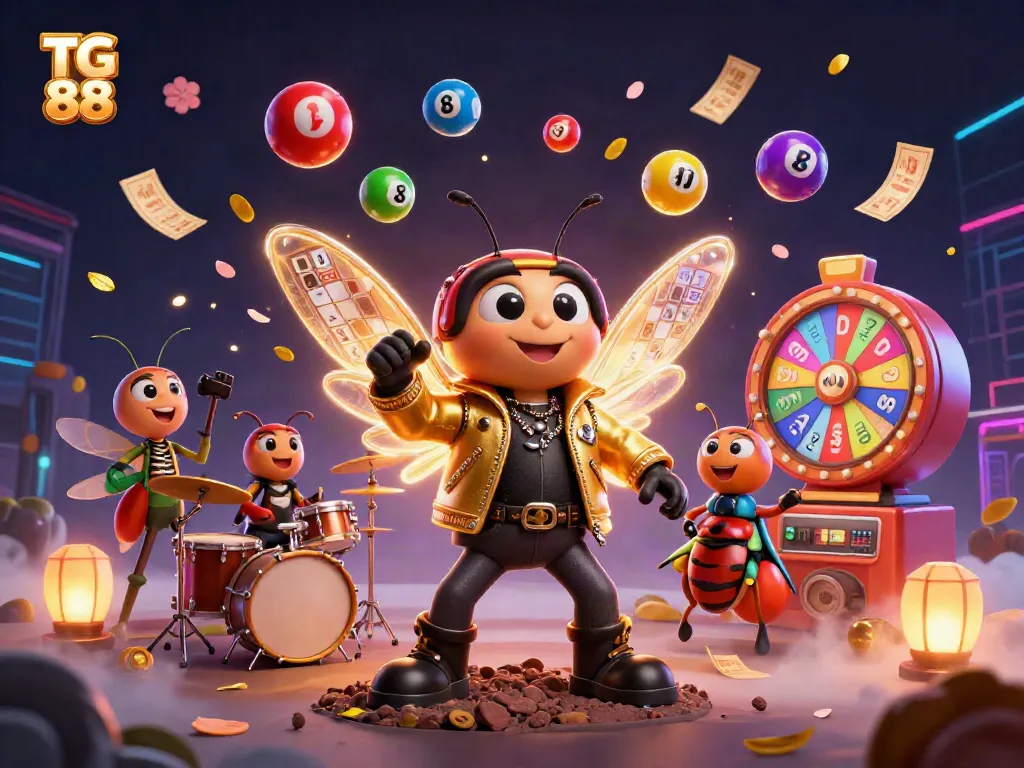 Engage with TG 88's dynamic lottery-themed 3D scene featuring a cicada rock star and vibrant game elements.