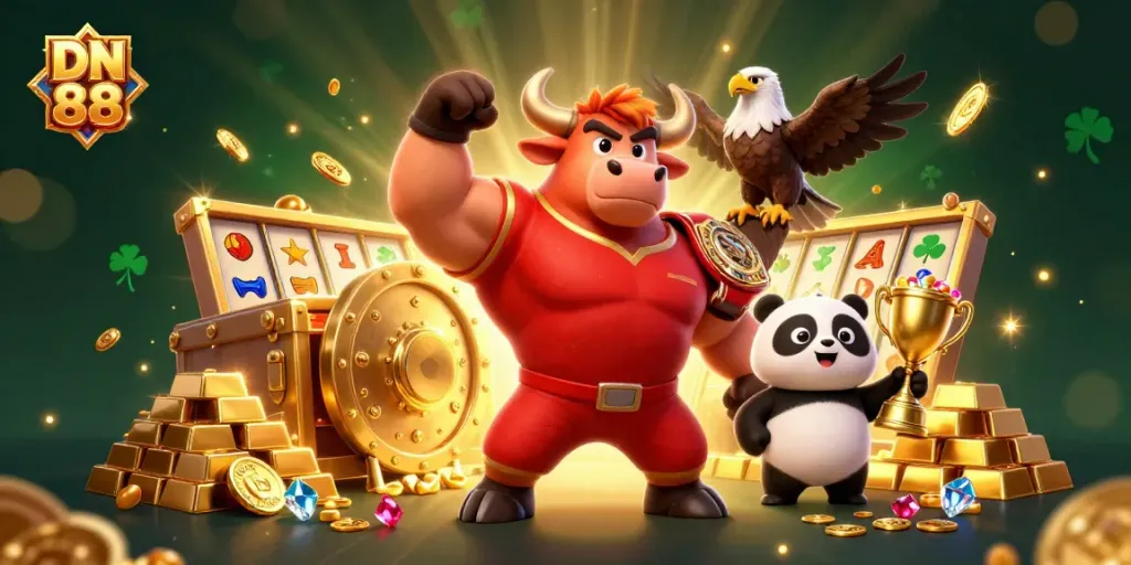 Experience the excitement of DN 88 with dynamic characters celebrating victories around casino game elements.