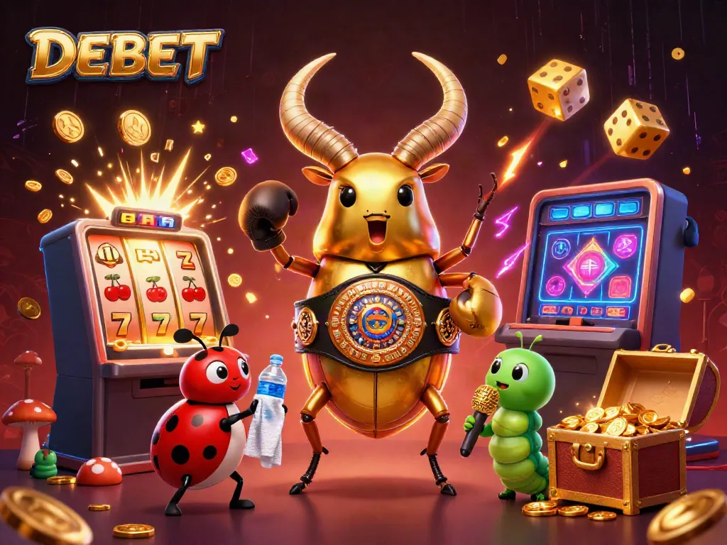 Experience the thrill of DEBET with a vibrant 3D illustration of a boxing beetle champion among casino elements!