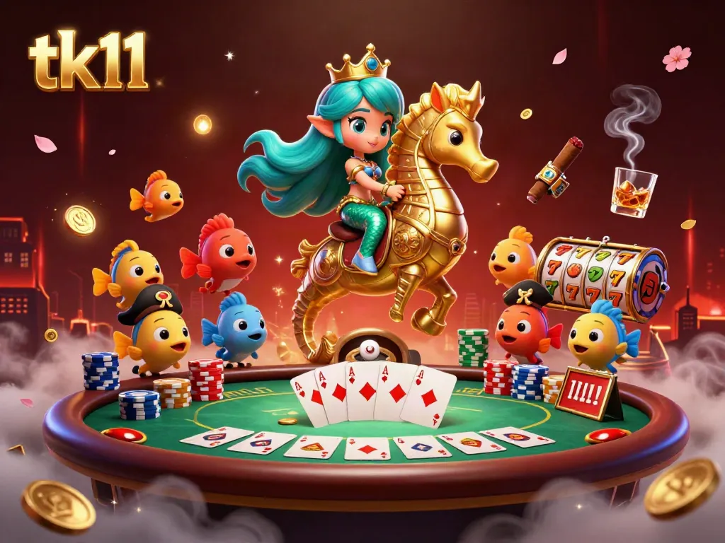 Engage with the vibrant scene of tk11, showcasing a mermaid princess amidst casino elements and gaming excitement.