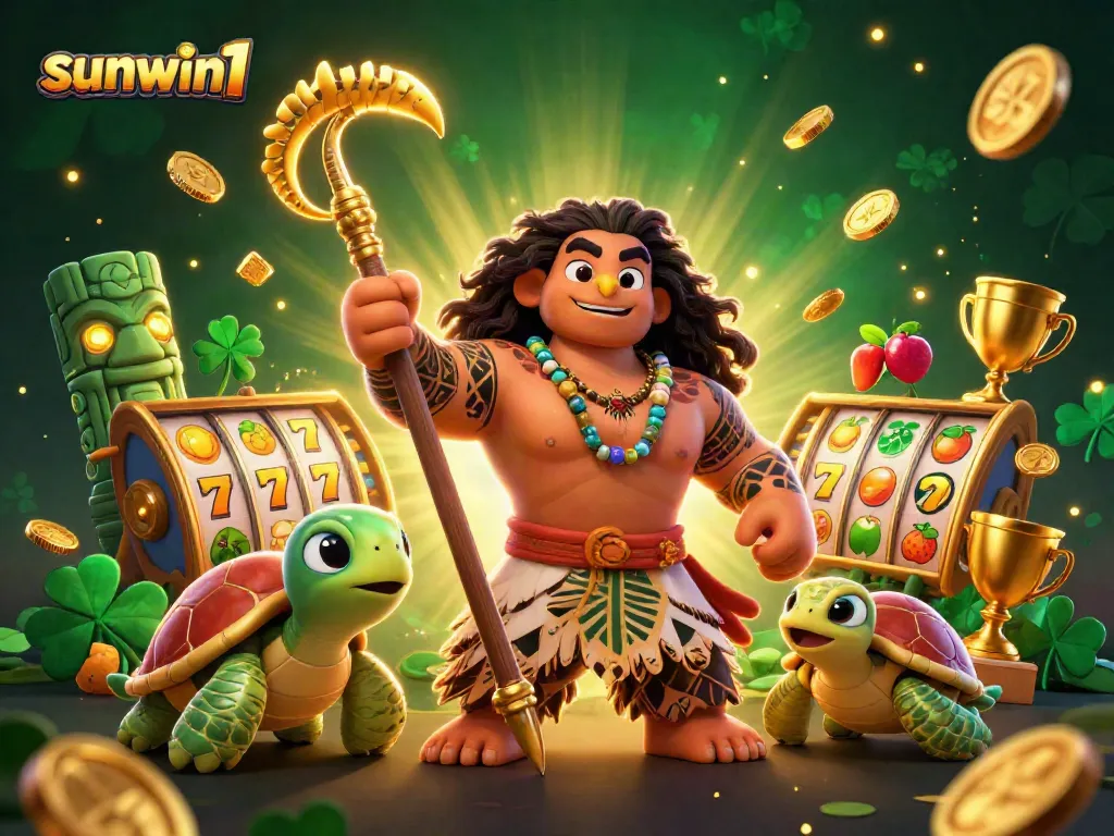 Win big with sunwin1 in this vibrant 3D casino scene showcasing exciting slot elements.