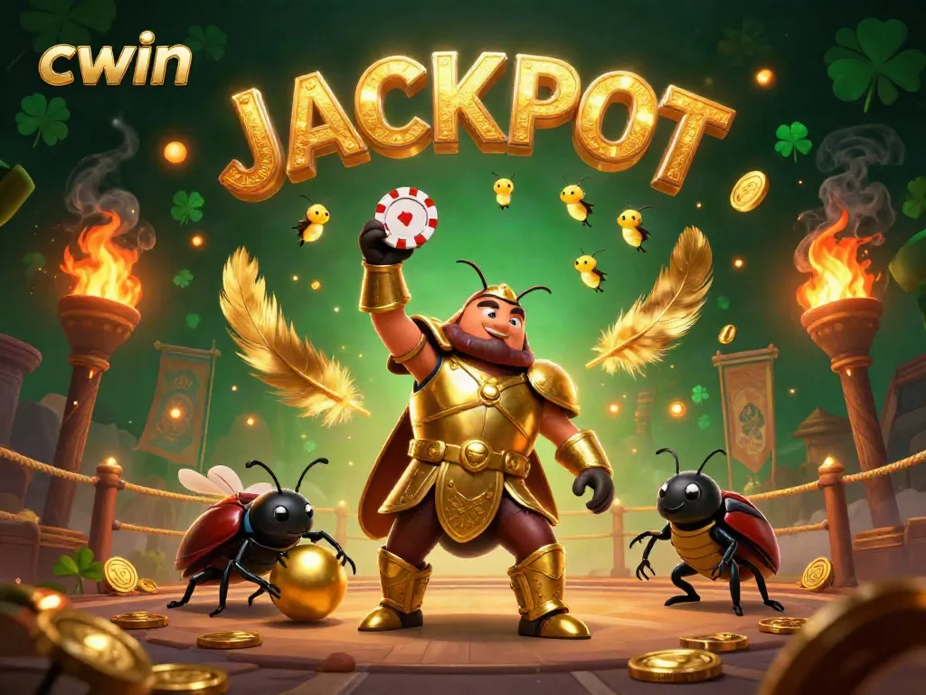 CWIN's vibrant gaming scene showcasing a heroic beetle in armor lifting a poker chip and celebrating wins.