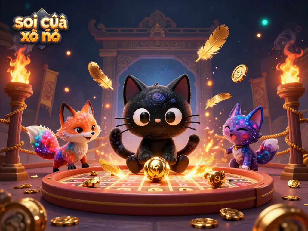 Engaging scene displaying the black hole cat and nebula fox at a cosmic lottery table, representing soi cầu xổ số.