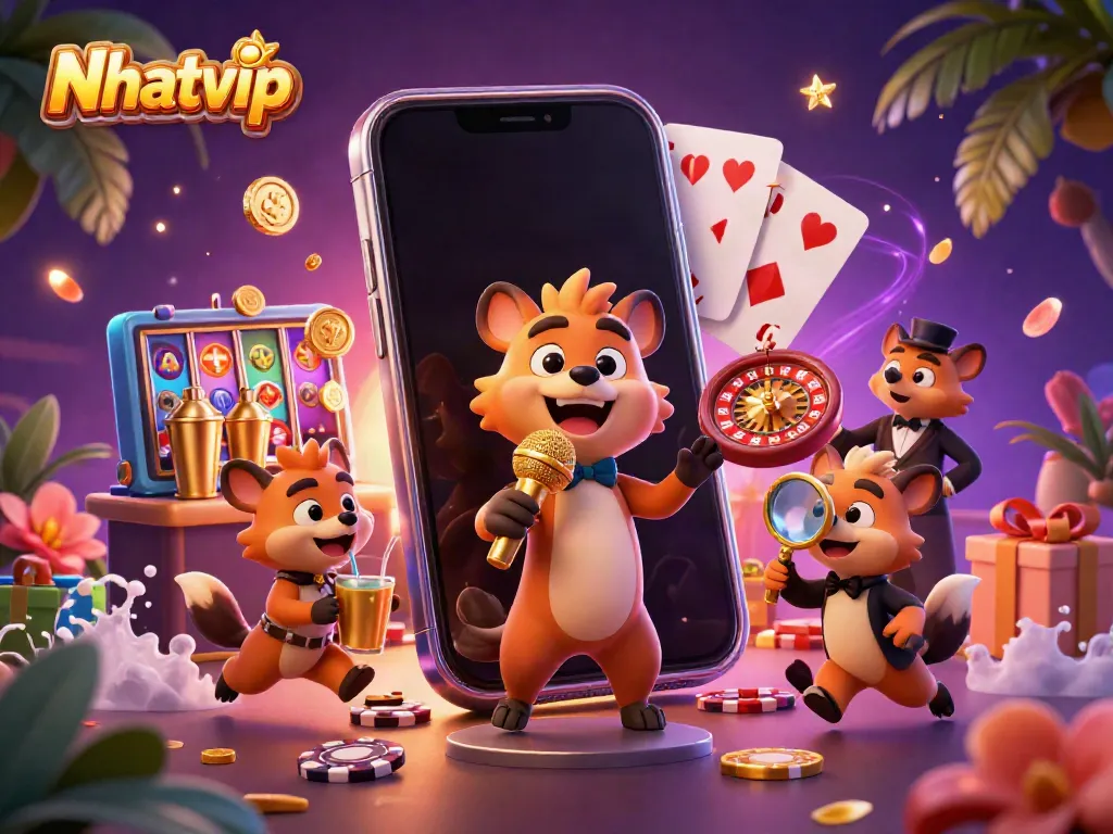 Nhatvip comedy casino scene with hyenas as characters, showcasing casino elements.