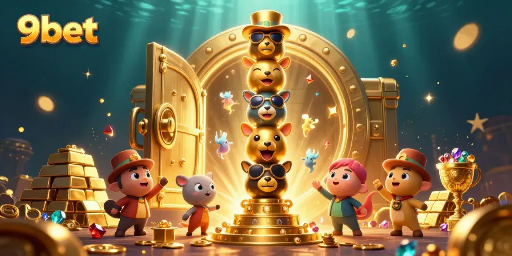 Experience the excitement at 9bet with a vibrant 3D casino scene glowing with treasures.