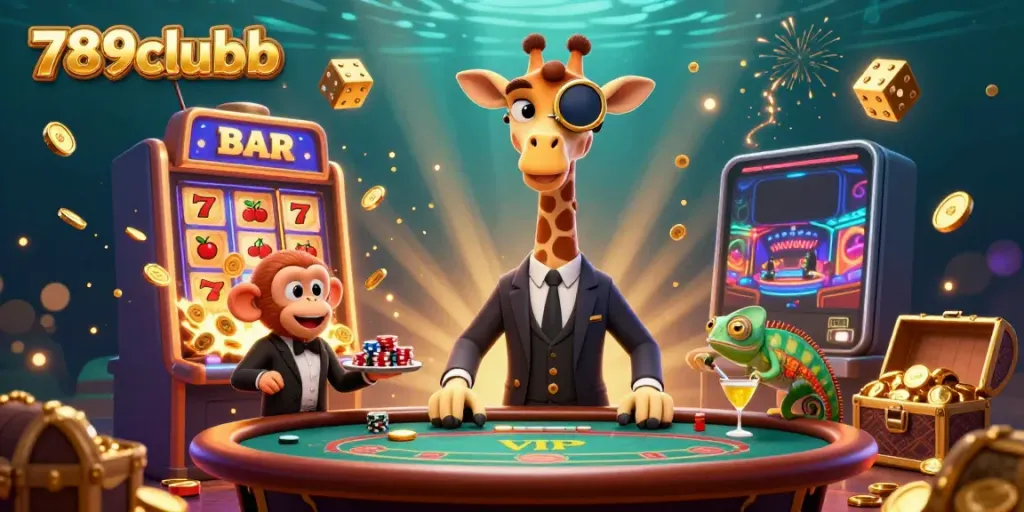 Engage with 789clubb as a high-roller giraffe plays poker amidst vibrant casino elements.