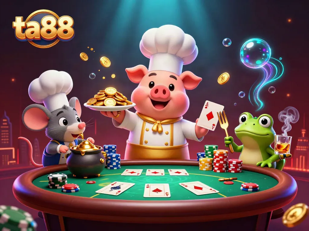 Engage with TA88's thrilling gaming experience in an illustration showing vibrant characters and casino elements.