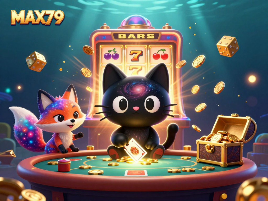 Engage with MAX79's cosmic casino featuring a black hole cat and colorful fox collecting golden chips.